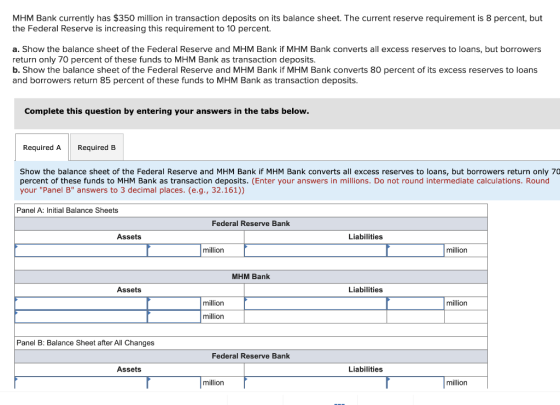 MHM Bank currently has $350 million in transaction deposits on its balance sheet. The current reserve requirement is 8 percen