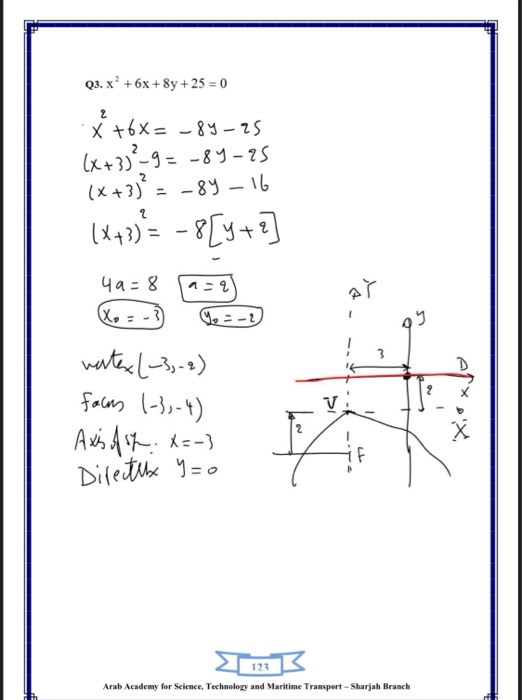 Q3. x² +6x+8y + 25 = 0 * +6x= -84–25 (x+3)²-9=-84-95 (x+3) = -84 – 16 (x+3)= -8[y + water (-3,-2) faces (-3,-4) Axis of st. x