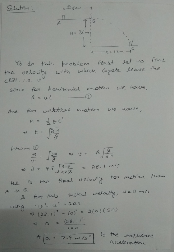 Solution from - H=35n -R=75m To do this problem forst let us find the velocity with which coyote leave the cliffie. since for