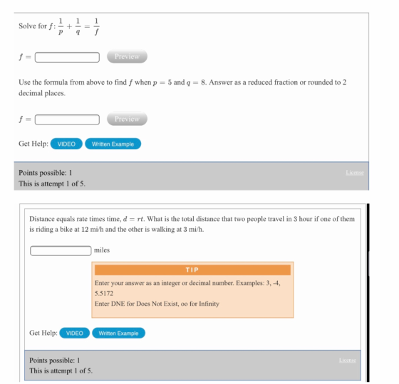 . 1 Solve for f: - + 1 p f = 0 Preview Use the formula from above to find f when p = 5 and q = 8. Answer as a reduced fractio