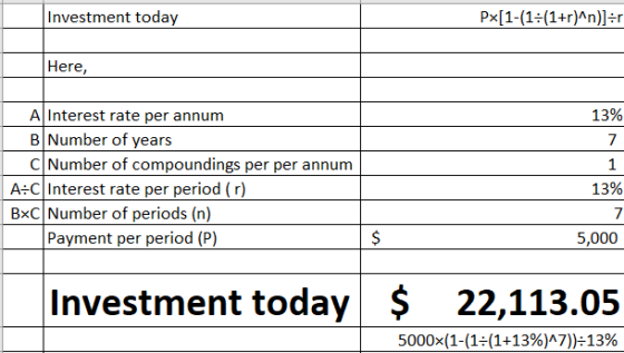 Investment today Px[1-(1=(1+r)^n)]=r Here, 13% A Interest rate per annum B Number of years C Number of compoundings per per a