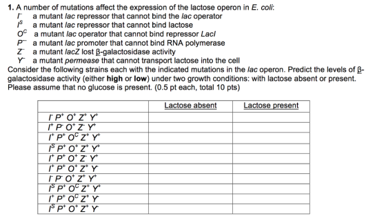 1. A number of mutations affect the expression of the lactose operon in E. coli: a mutant lac repressor that cannot bind the lac operator Is a mutant lac repressor that cannot bind lactose OC a mutant lac operator that cannot bind repressor Lacl PT a mutant lac promoter that cannot bind RNA polymerase ZT a mutant lacz lost B-galactosidase activity Y a mutant permease that cannot transport lactose into the cell Consider the following strains each with the indicated mutations in the lac operon. Predict the levels of B- galactosidase activity (either high or low) under two growth conditions: with lactose absent or present. Please assume that no glucose is present. (0.5 pt each. total 10 pts) Lactose absent Lactose present T PROCZY