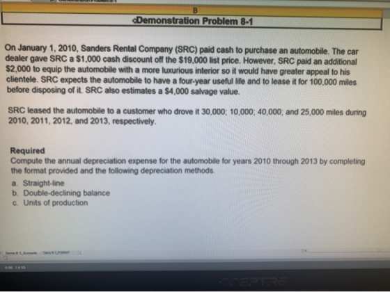 Demonstration Problem 8-1 On January 1, 2010, Sanders Rental Company (SRC) paid cash to purchase an automobile. The car deale