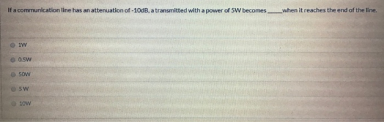 If a communication line has an attenuation of -10dB, a transmitted with a power of SW becomes_when it reaches the end of the