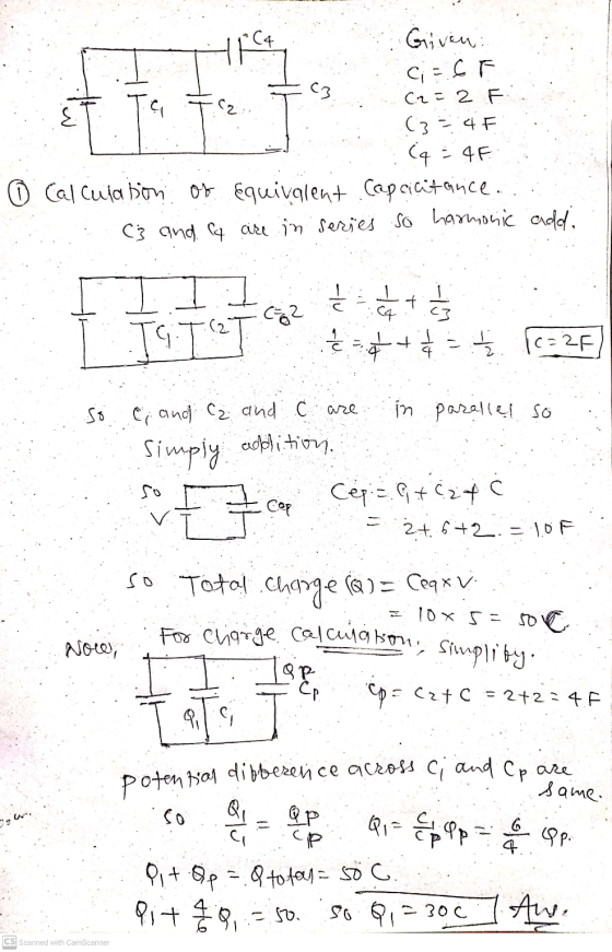 HfC4 Given ci=6F C2 = 2 (3 - 4F (4 = 4F ③ Calculation of equivalent Capcicitance. (3 and 4 are in series so harmonic add. 62