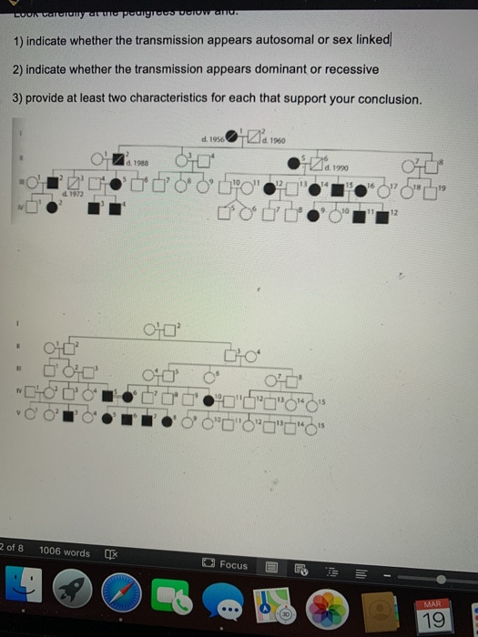 POUR VIVIFIC PUIGIOUS DIOWANIU 1) indicate whether the transmission appears autosomal or sex linked 2) indicate whether the t