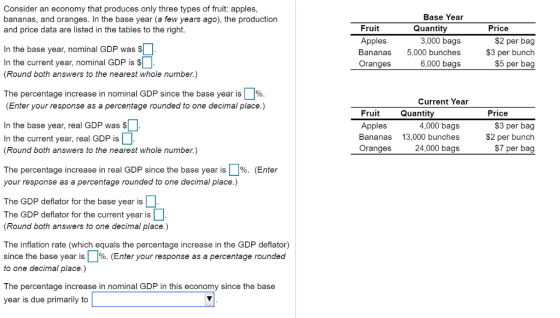 Consider an economy that produces only three types of fruit: apples bananas, and oranges. In the base year (a few years ago), the production and price data are listed in the tables to the right. Base Year Quantity Fruit Apples Bananas 5,000 bunches Oranges Price 3,000 bags In the base year, nominal GUP was s In the current year, nominal GDP is $ (Round both answers to the nearest whole number.) $2 per bag $3 per bunch $5 per bag 6,000 bags The percentage increase in nominal GDP since the base year is 1 % (Enter your response as a percentage rounded to one decimal place.) Current Year Quantity Fruit Apples Bananas 13,000 bunches Oranges Price 4,000 bags In the base year, real GDP was $ In the current year, real GDP is (Round both answers to the nearest whole number.) $3 per bag $2 per bunch $7 per bag 24,000 bags The percentage increase in real GDP since the base year is | |%. (Enter your response as a percentage rounded to one decimal place.) The GDP deflator for the base year is The GDP deflator for the current year is (Round both answers to one decimal place.) The inflation rate (which equals the percentage increase in the GDP deflator) since the base year is 1 %. Enter your response as a percentage rounded to one decimal place.) The percentage increase in nominal GDP in this economy since the base year is due primarily to