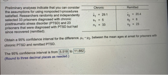Chronic Remitted X2 = 20.4 Preliminary analyses indicate that you can consider the assumptions for using nonpooled t-procedur