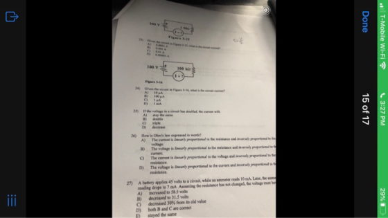 ovo Done . T-Mobile Wi-Fi deace 100 v 25) If the voltage in c ase, the one 15 of 17 3:27 PM D) decrease 2) How is www express