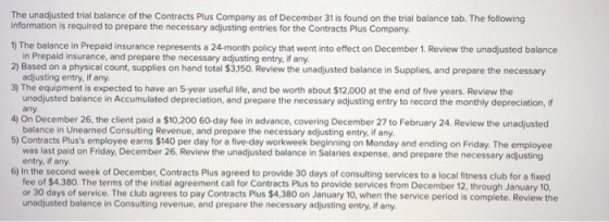 The unadjusted trial balance of the Contracts Plus Company as of December 31 is found on the trial balance tab. The following