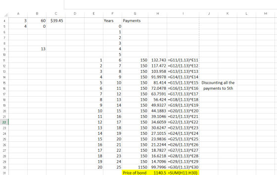 A B D E H I J K L M C $39.45 F Years G Payments m 60 0 + 13 WN - 12 BBBBO O 150 132.743 =G11/(1.13)^E11 150 117.472 =G12/(1.1