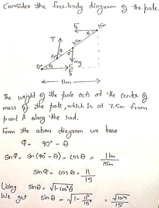 Consider the free-body diagram of the pole Тя е -- -- Orsa yang - Ilm The weight of the pole acts at the center of mass of th