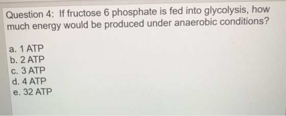 Question 4: If fructose 6 phosphate is fed into glycolysis, how much energy would be produced under anaerobic conditions? a.