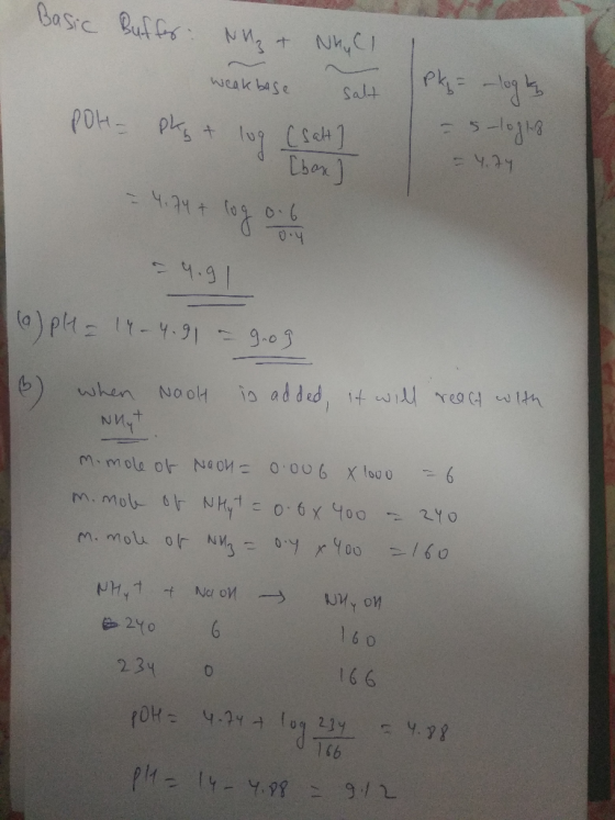 Basic Buffer: N₂ + Nhy Cl weak base salt pk = -logh - 5-logis pOH = pky + log (satt = 4.74 + log only = 4.74 - 9.91 (a) pH =