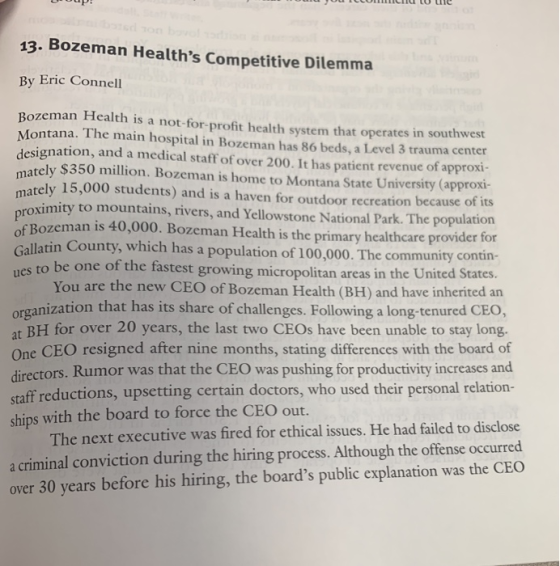 13. Bozeman Healths Competitive Dilemma By Eric Connell proximity Bozeman Health is a not-for-profit health system that oper