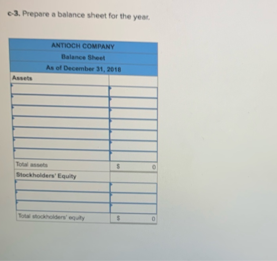 3. Prepare a balance sheet for the year ANTIOCH COMPANY Balance Sheet As of December 31, 2018 Assets Total assets Stockholder