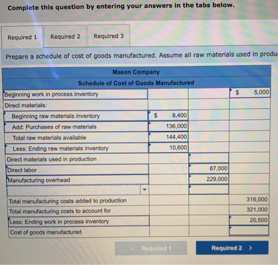 Complete this question by entering your answers in the tabs below. Required 1 Required 2 Required 3 Prepare a schedule of cos