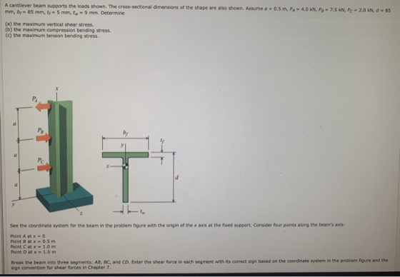 A cantilever beam supports the loads shown. The cross-sectional dimensions of the shape are also shown. Assume mm, by - 85 mm