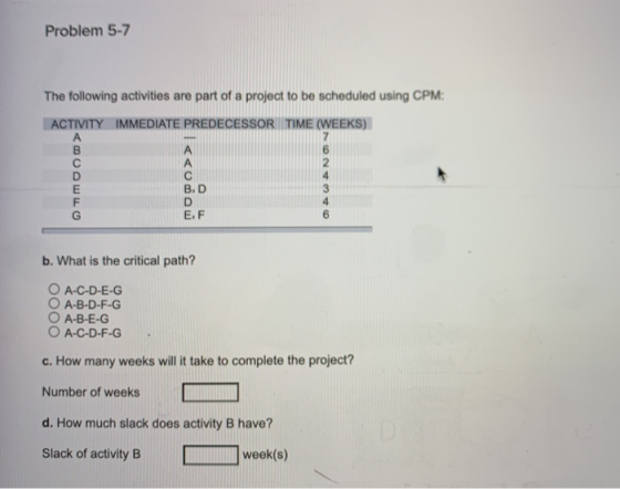 Problem 5-7 The following activities are part of a project to be scheduled using CPM: ACTIVITY IMMEDIATE PREDECESSOR TIME (WE