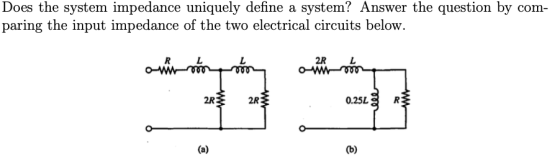 Does the system impedance uniquely define a system? Answer the question by com- paring the input impedance of the two electri