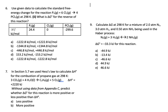 6. Use given data to calculate the standard free- energy change for the reaction Pa(g) + 6 Cl2(g) → 4 PC13(g) at 298 K. (ii)