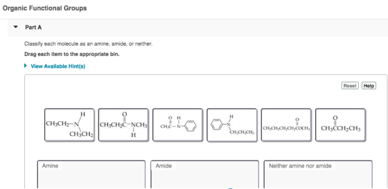 Organic Functional Groups Part A Classify each molecule as an amine, amide, or neither. Drag each item to the appropriate bin