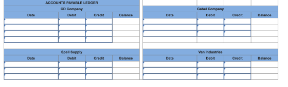 ACCOUNTS PAYABLE LEDGER CD Company Debit Credit Gabel Company Debit Date Balance Date Credit Balance Spell Supply Van Industr