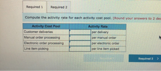 Required 1 Required 2 Compute the activity rate for each activity cost pool. (Round your answers to 2 de . Activity Cost Pool