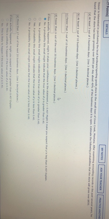 - Points] DETAILS MY NOTES ASK YOUR TEACHER PRACTICE ANOTHER Trevor is interested in purchasing the local hardware/sporting g