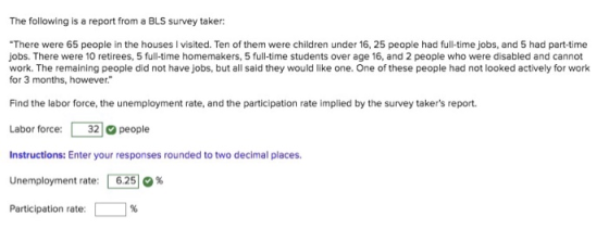The following is a report from a BLS survey taker: There were 65 people in the houses I visited. Ten of them were children under 16, 25 people had full-time jobs, and 5 had part-time jobs. There were 10 retirees, 5 full-time homemakers, 5 full-time students over age 16, and 2 people who were disabled and cannot work. The remaining people did not have jobs, but all said they would like one. One of these people had not looked actively for work for 3 months, however. Find the labor force, the unemployment rate, and the participation rate implied by the survey takers report. Labor force:32people Instructions: Enter your responses rounded to two decimal places. Unemployment rate: [ 625]0% Participation rate: -1%