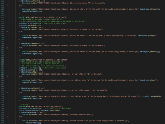 if (testobject.getMonth() == 8) Console.WriteLine(\tTEST PASSED: testobject.setDate(8, 12) correctly stored s for the mont
