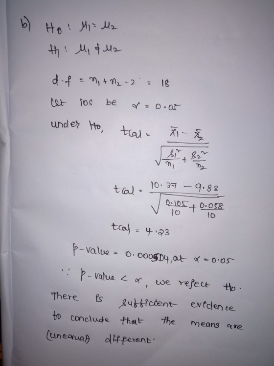 1 ↑0.39-9.83 t al to tca) - 4.23 There uttotentevtden ee to conclude thet the means qre uneaqua) dif ferent