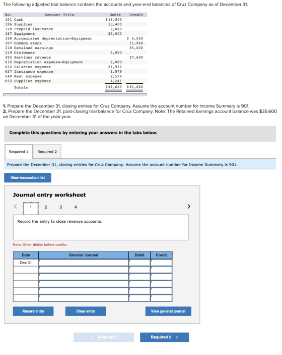 Sori The following adjusted trial balance contains the accounts and year-end balances of Cruz Company as of December 31. No.