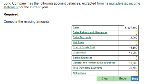 Long Company has the following account balances, extracted from its multiple-step income statement for the current year Requi