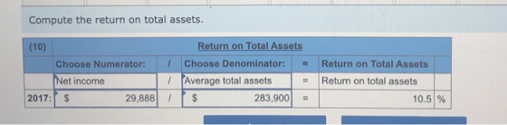 Compute the return on total assets. (10) Choose Numerator: Net income 2017: $ 29,888 Return on Total Assets I Choose Denomina