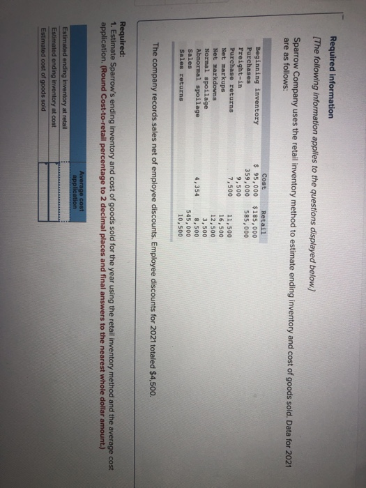 Required information The following information applies to the questions displayed below.) Sparrow Company uses the retail inv