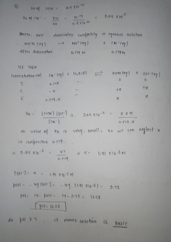 ka of HON = 4.98 10-16 Ko of CN- = kw - 10-14 = 2.04 X105 ka 4.9810-10 Naon, salt dissociates completely NOCN Carl → Nat caql