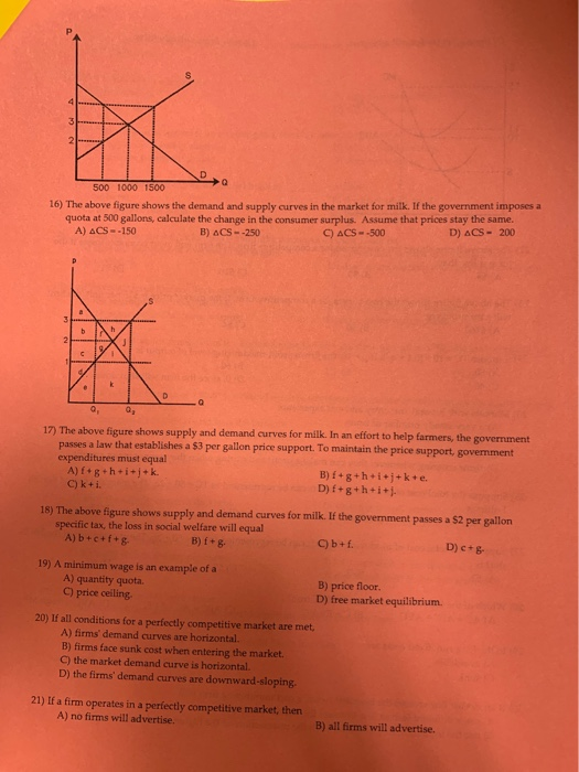 500 1000 1500 16) The above figure shows the demand and supply curves in the market for milk. If the government imposes a quo
