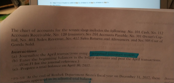 counts for the tennis shop includes the following: No. 101 Cash, No. 112 120 Inventory, No. 201 Accounts Payable, No. 301 Own