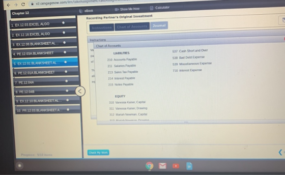 V2.cengagenow.com/in/takeAssignment Chapter 12 eBook Show Me How Calculator Recording Partners Original Investment 1. EX 12.