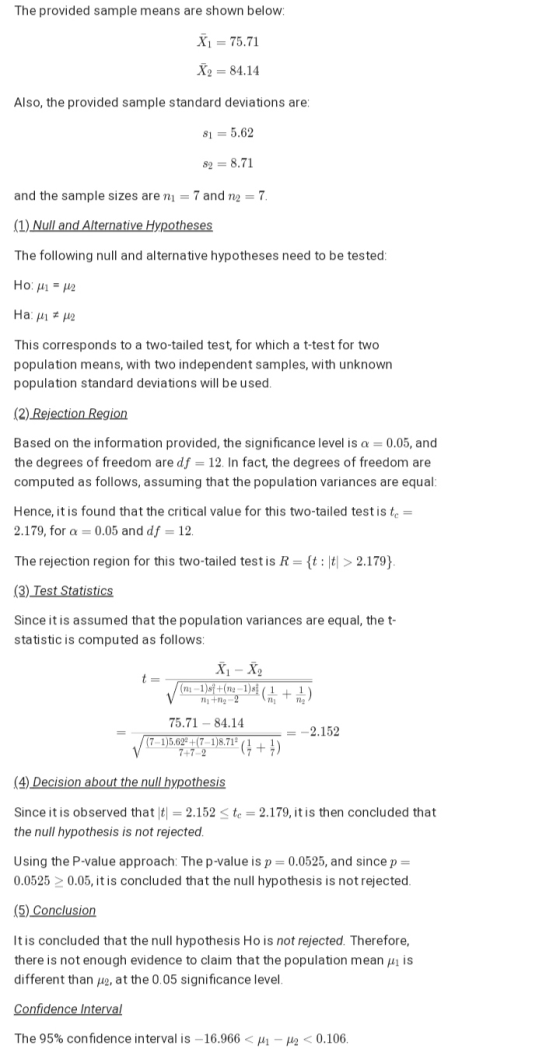 The provided sample means are shown below: X1 = 75.71 X2 = 84.14 Also, the provided sample standard deviations are: 81 = 5.62