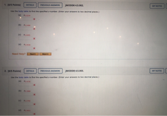 1. [0/5 Points) DETAILS PREVIOUS ANSWERS JMODDB 4.5.002. MY NOTES Use the body table to find the specified z-number (Enter yo