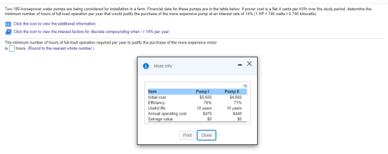 Two 180-horsepower water pumps are being considered for installation in a farm. Financial data for these pumps are in the tab