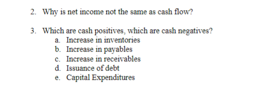 2. Why is net income not the same as cash flow? 3. Which are cash positives, which are cash negatives? a. Increase in inventories b. Increase in payables c. Increase in receivables d. Issuance of debt e. Capital Expenditures