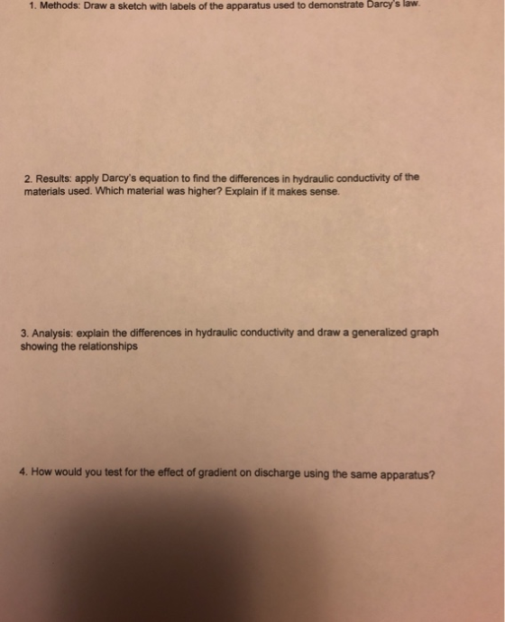 1. Methods: Draw a sketch with labels of the apparatus used to demonstrate Darcys law. 2. Results: apply Darcys equation to find the differences in hydraulic conductivity of the materials used. Which material was higher? Explain if it makes sense. 3. Analysis: explain the differences in hydraulic conductivity and draw a generalized graph showing the relationships 4. How would you test for the effect of gradient on discharge using the same apparatus?