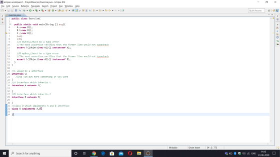 - 0 X O eclipse-workspace 1 - ProjectNew/src/Exercise.java - Eclipse IDE File Edit Source Refactor Navigate Search Project Ru