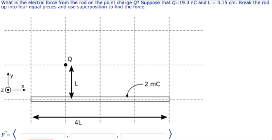 What is the electric force from the rod on the point charge O? Suppose that O=19.3 nC and L = 3.15 cm. Break the rod up into four equal pieces and use superposition to find the förce. 2 mC 4L F=