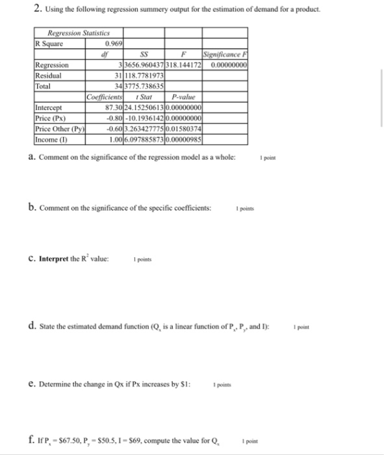 2. Using the following regression summery output for the estimation of demand for a product. 9691 Regression Statistics R Squ