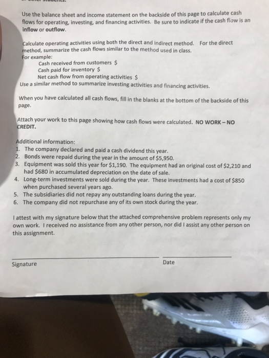 Use the balance sheet and income statement on the backside of this page to calculate cash flows for operating, investing, and