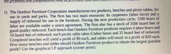 1) The Outdoor Furniture Corporation manufactures two products, benches and picnic tables, for use in yards and parks. The fi